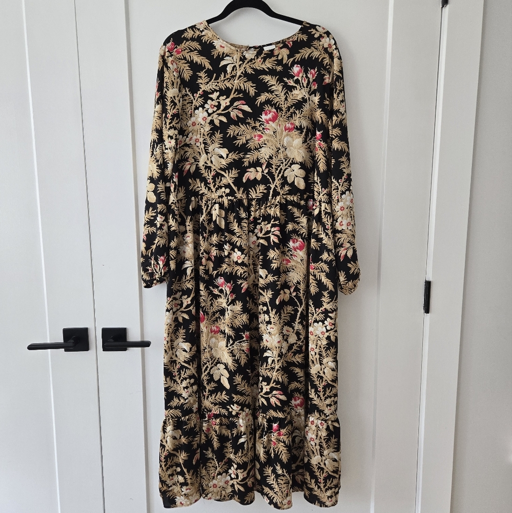 H&M Black Floral Long Sleeve Maxi Dress with Cream and Pink Print